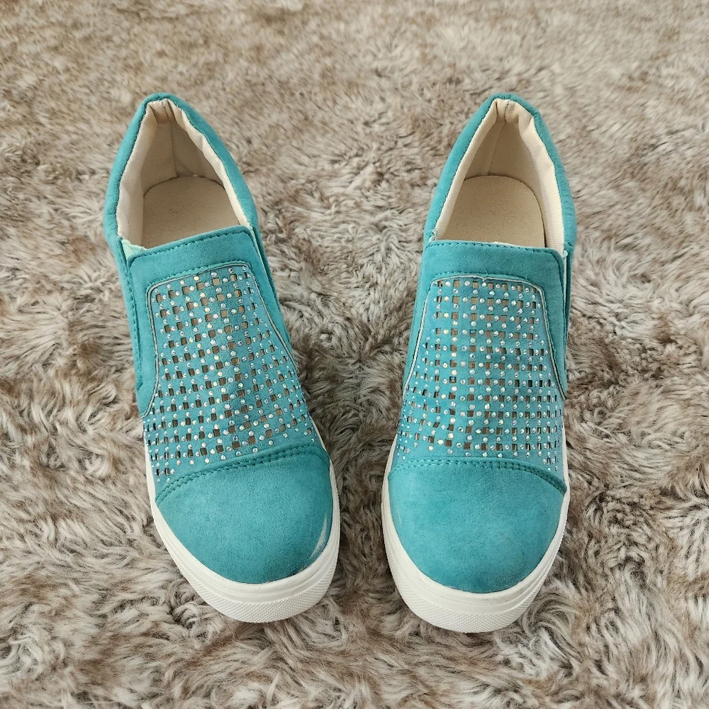 Unbranded Faux Suede‎ Wedge Sneakers Teal Green With Rhinestone Detail Women's 9